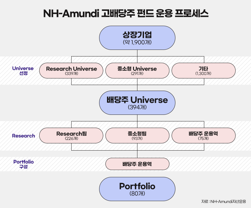 NH-Amundi 고배당주 펀드 운용 프로세스 ㅣ 상장기업(약 1,900개) ㅣ Universe 선정 / Research Universe(339개) / 중소형 Universe(291개) / 기타(1,300개) ㅣ 배당주 Universe(394개) ㅣ Research / Research팀(226개) / 중소형팀(93개) 배당중 운용역(75개) ㅣ Portfolio 구성 / 배당주 운용역 ㅣ Potfolio(80개)
