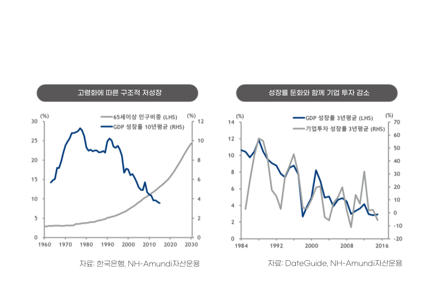 고령화에 따른 구조적 저성장과 성장률 둔화와 함께 기업 투자 감소 추이 그래프