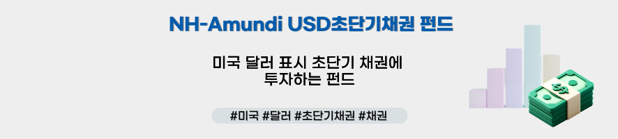 ### 제목: NH-Amundi USD 초단기채권 펀드    **이미지 설명:**   NH-Amundi의 "USD 초단기채권 펀드"를 소개하는 홍보 이미지로, 미국 달러로 표시된 초단기 채권 투자 상품의 특징을 전달합니다.    ---  ### **주요 구성 요소:**    1. **메인 문구:**      - "NH-Amundi USD 초단기채권 펀드"      - **설명:**        - "미국 달러 표시 초단기 채권에 투자하는 펀드"    2. **해시태그:**      - #미국 #달러 #초단기채권 #채권    3. **비주얼 요소:**      - **우측에 배치된 그래픽:**        - **막대 그래프 아이콘:** 안정적이고 점진적인 수익을 상징.        - **달러 지폐 아이콘:** 달러 표시 채권 투자 상품임을 강조.    4. **배경:**      - 흰색과 파스텔 계열 색상을 사용해 차분하고 안정적 느낌을 줌.  