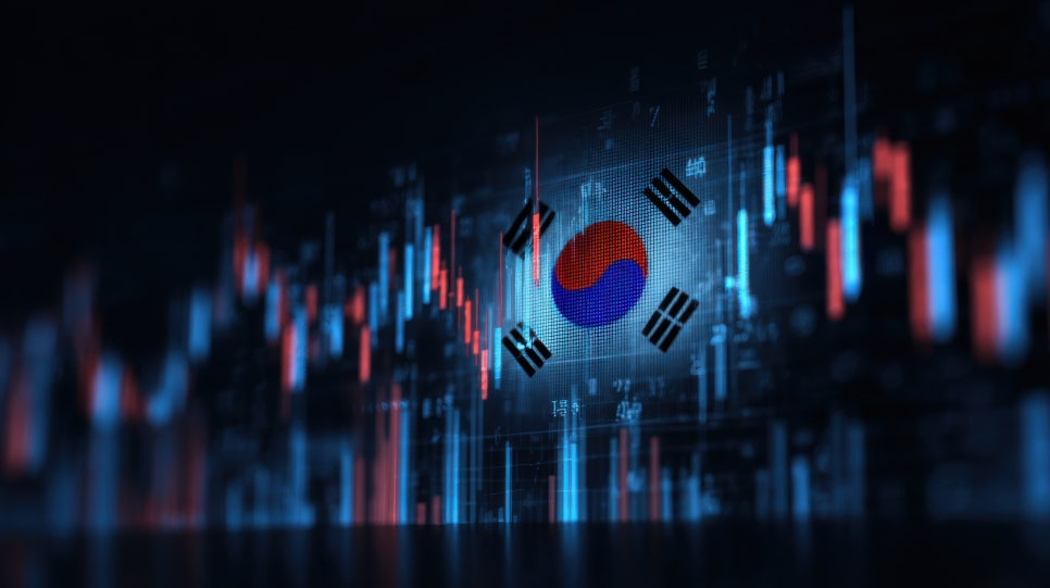 어두운 배경 위로 디지털화된 주식 시장의 캔들차트와 대한민국 태극기가 결합된 그래픽 이미지.