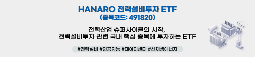 HANARO 전력설비 ETF(종목코드: 491820) 전력산업 슈퍼사이클의 시작, 전력설비투자 관련 국내 핵심 종목에 투자하는 ETF #전력설비 #인공지능 #데이터센터 #신재생에너지